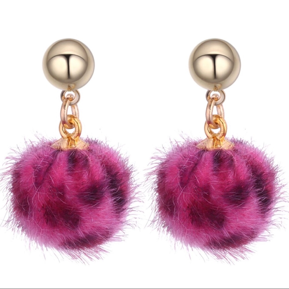 Magenta Leopard Pom Pom Earrings Faux Fur NWT